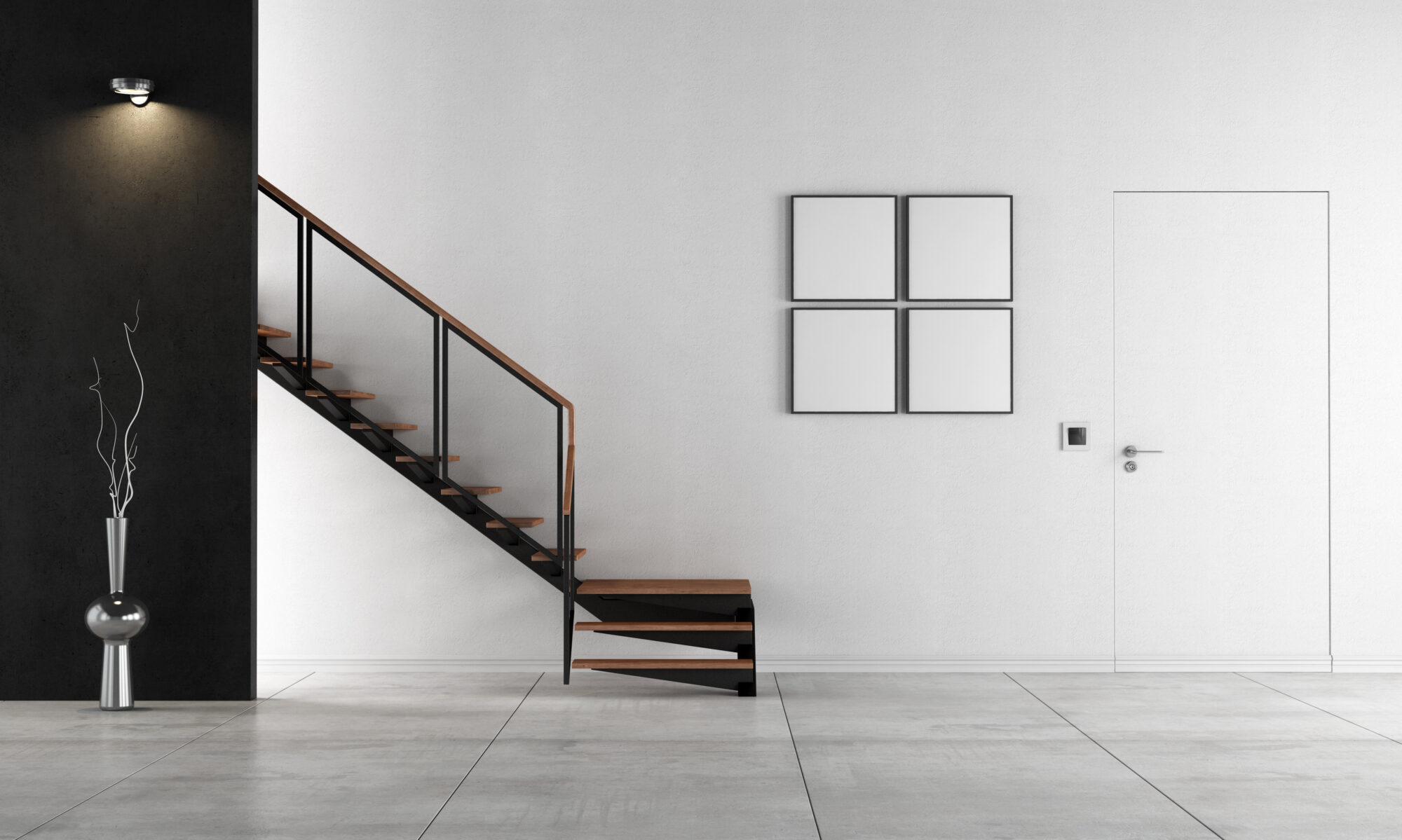 minimalist living room with staircase rendering